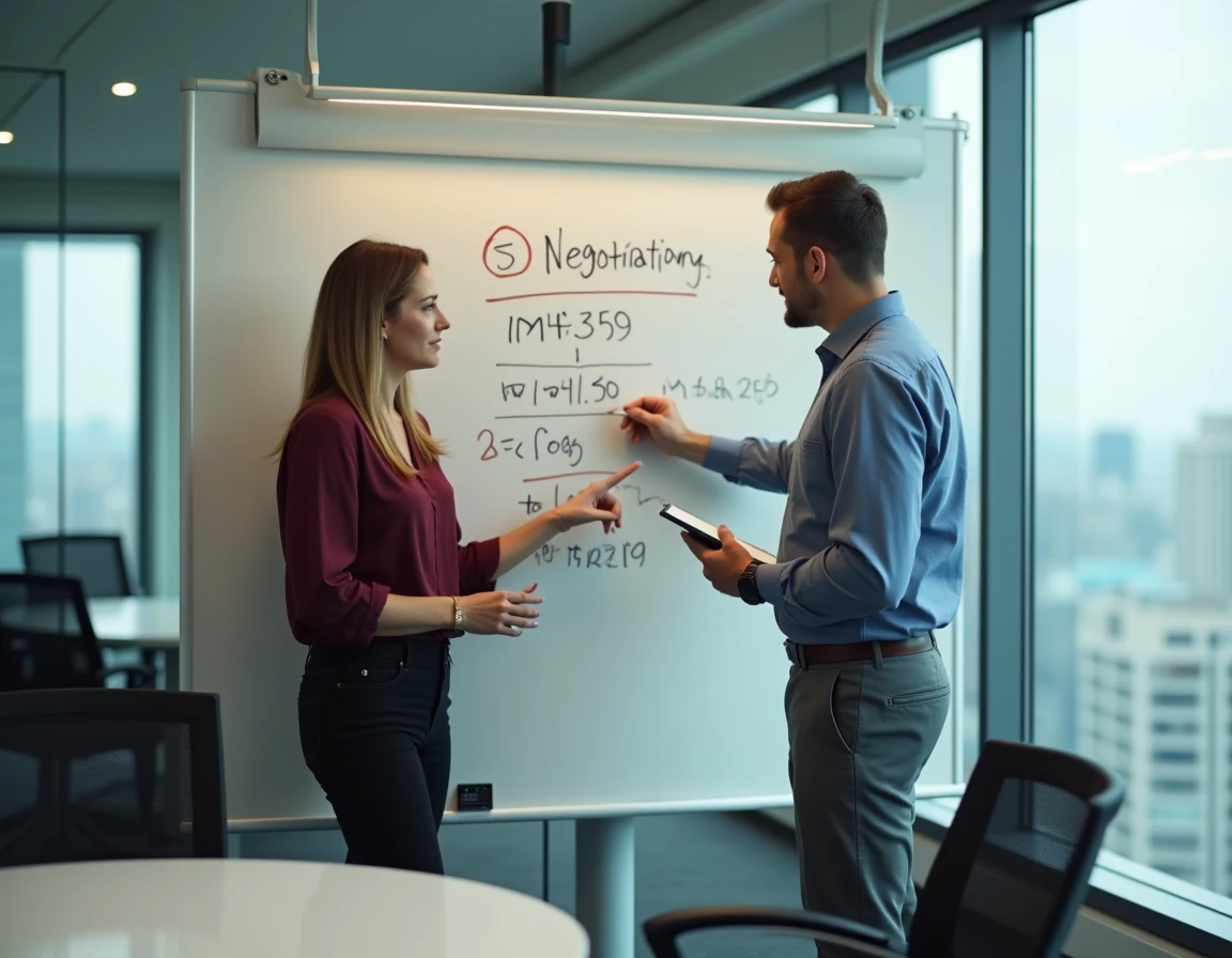 Deux collègues collaborant sur un tableau blanc pour structurer des arguments chiffrés lors d'une préparation à la négociation salariale annuelle