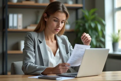 Femme comparant un bulletin de paie papier et un espace numérique Arkevia sur ordinateur portable dans un bureau moderne