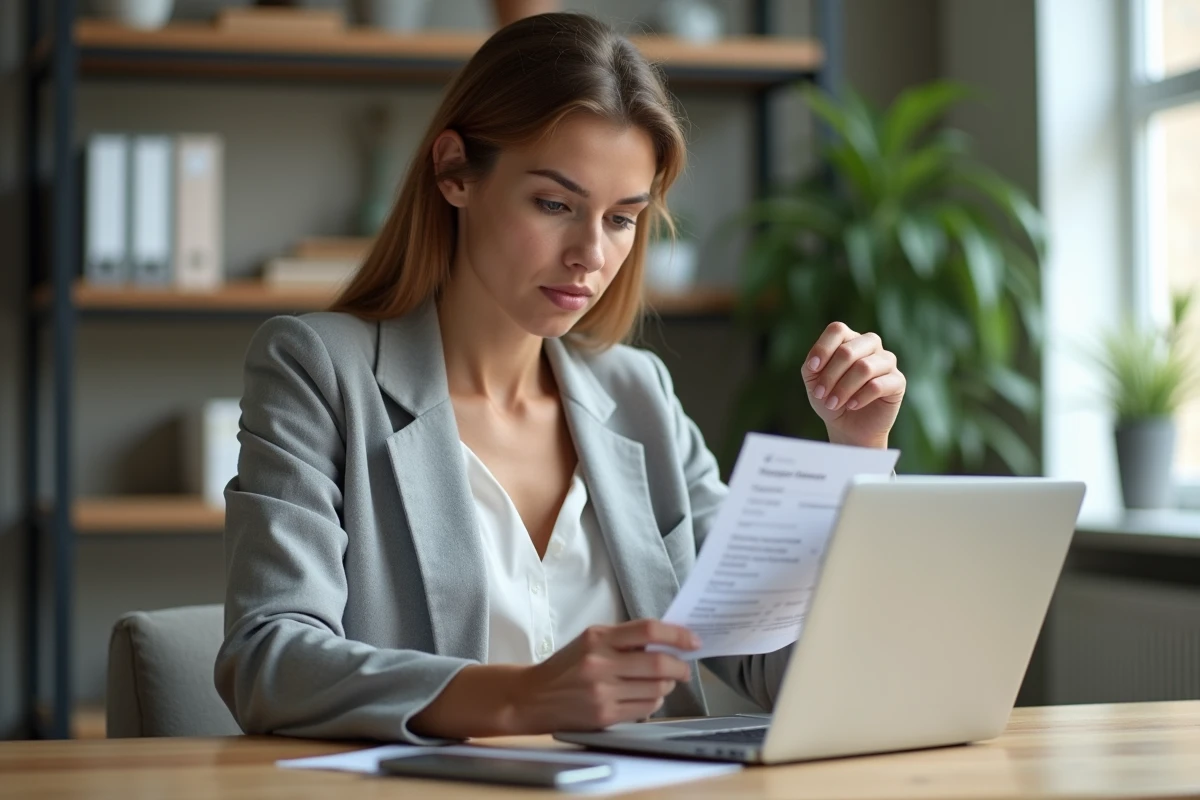 Femme comparant un bulletin de paie papier et un espace numérique Arkevia sur ordinateur portable dans un bureau moderne