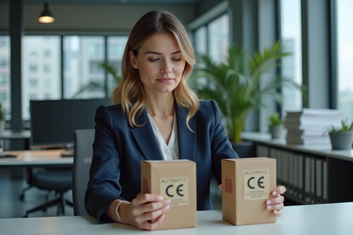 Femme d'affaires comparant deux emballages produits avec des marquages CE différents sur un bureau de conformité réglementaire, illustrant la distinction entre conformité réelle et imitation