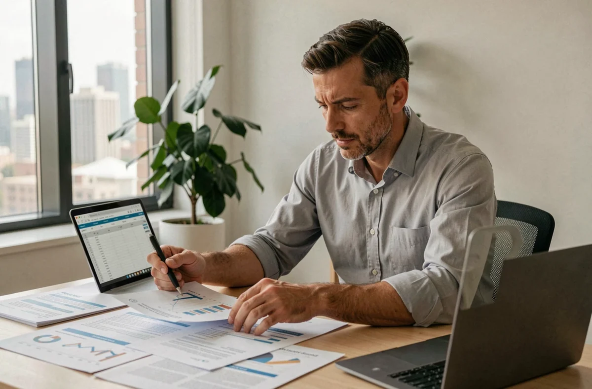 Homme d'affaires analysant un CV et des rapports de vente à son bureau dans un bureau moderne