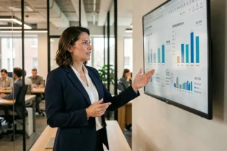 Professionnelle en blazer navy présentant des résultats commerciaux sur écran lors d'une réunion en entreprise