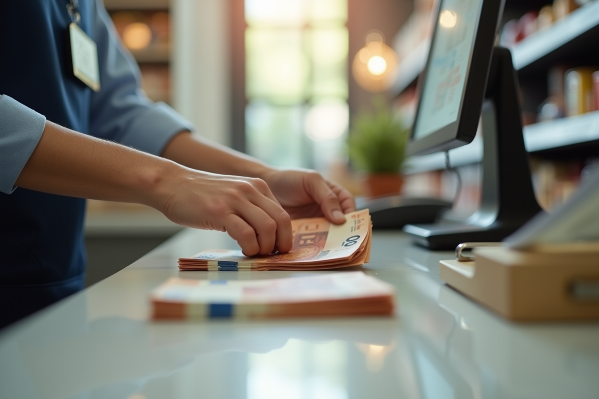 Main d’un caissier comptant rapidement des billets euros sur un comptoir lumineux