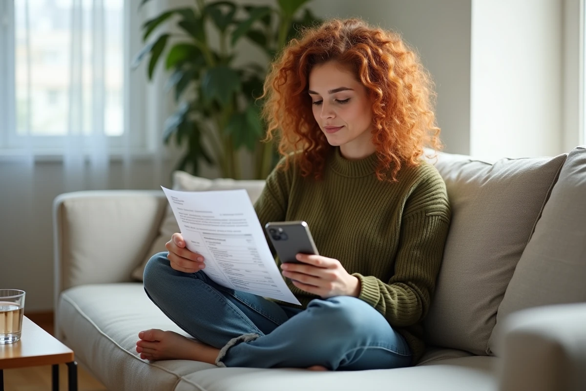 Jeune femme vérifiant ses heures de travail sur une application mobile en comparant sa fiche de paie depuis chez elle