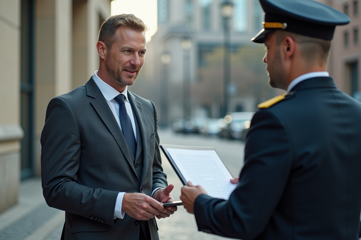 Chauffeur de taxi professionnel remettant des documents importants à un officiel