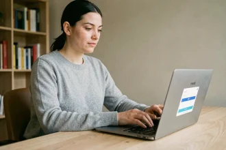 Femme connectée à son compte Advango sur un ordinateur portable depuis un bureau à domicile