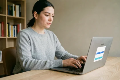 Femme connectée à son compte Advango sur un ordinateur portable depuis un bureau à domicile