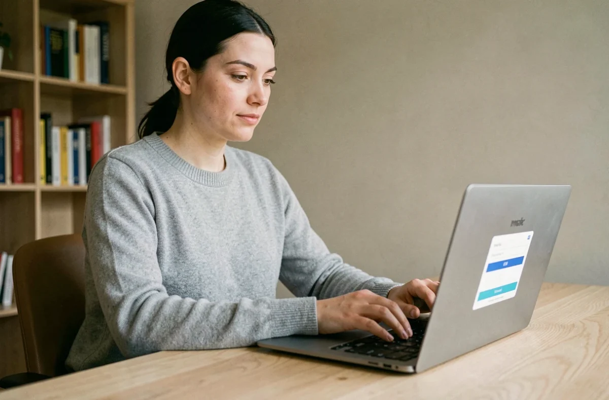 Femme connectée à son compte Advango sur un ordinateur portable depuis un bureau à domicile