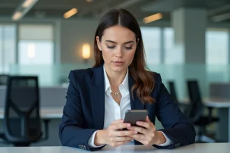 Employée de La Poste se connectant à GTm Extranet sur smartphone dans un bureau professionnel