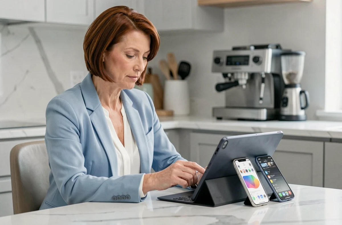 Femme accédant à son compte Advango sur tablette et smartphone depuis sa cuisine