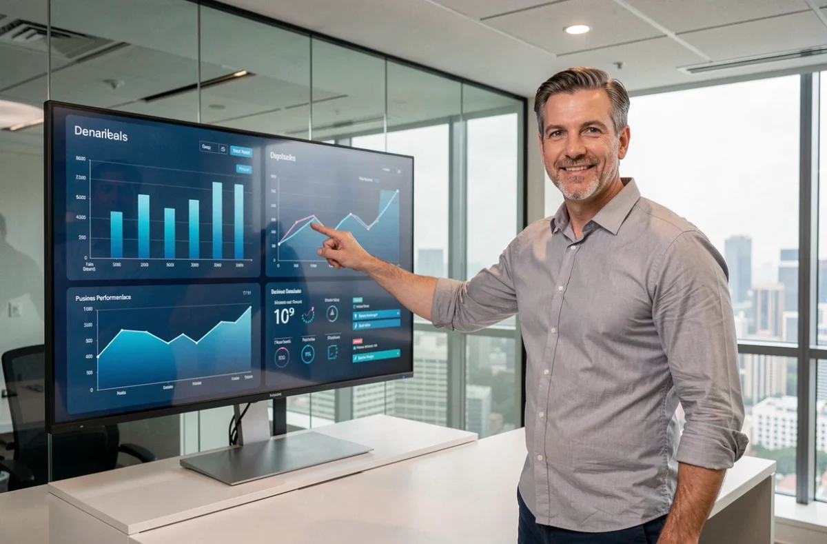 Consultant en affaires analysant des indicateurs de performance sur un écran numérique pour optimiser la création d'une entreprise