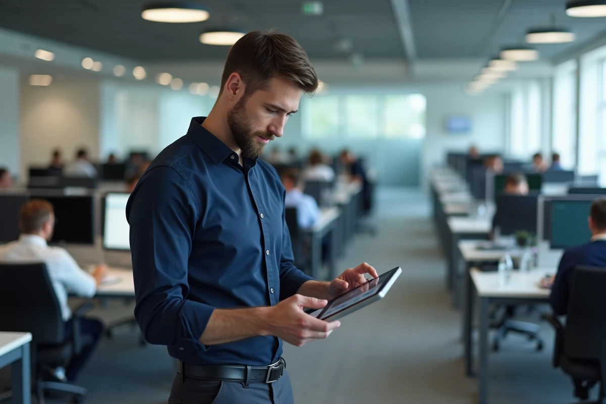 Employé consultant ses fiches de paie numériques sur tablette dans un open space professionnel
