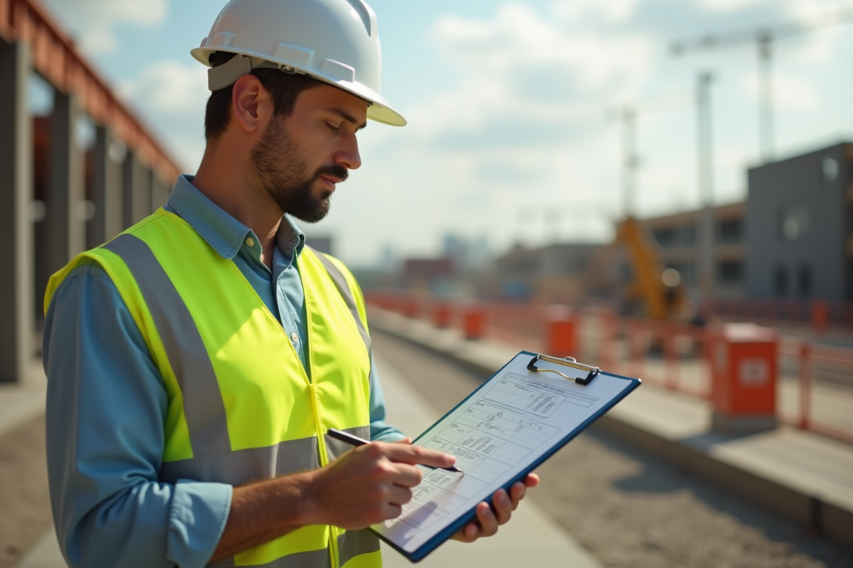 Agent de securite inspectant un chantier avec checklists