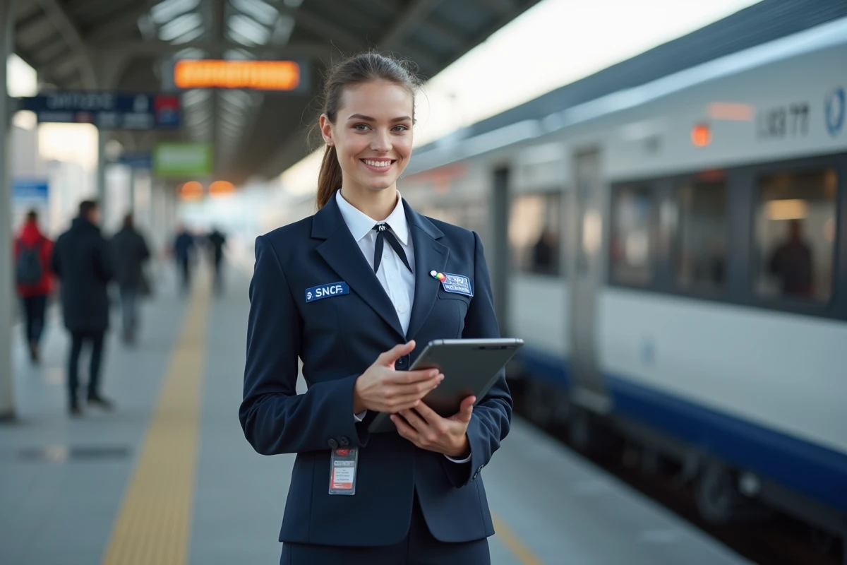 Jeune controleuse sncf avec train haute vitesse en ext&eacute;rieur
