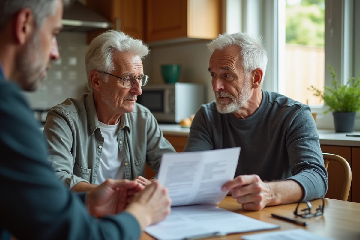 Un couple de seniors examine avec inqui&eacute;tude un contrat pr&eacute;sent&eacute; par un d&eacute;marcheur &agrave; domicile