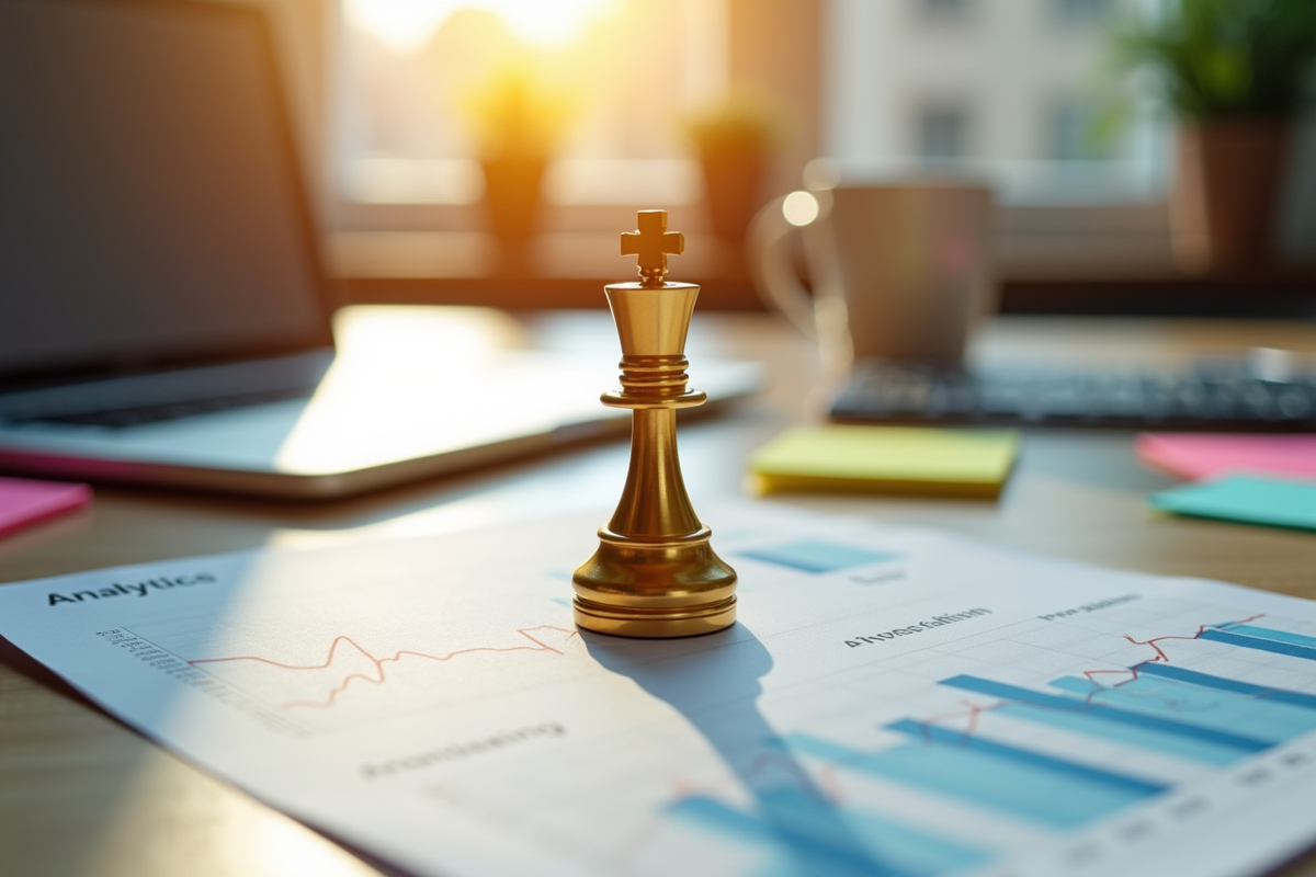 Couronne en or sur rapport marketing avec notes colorées