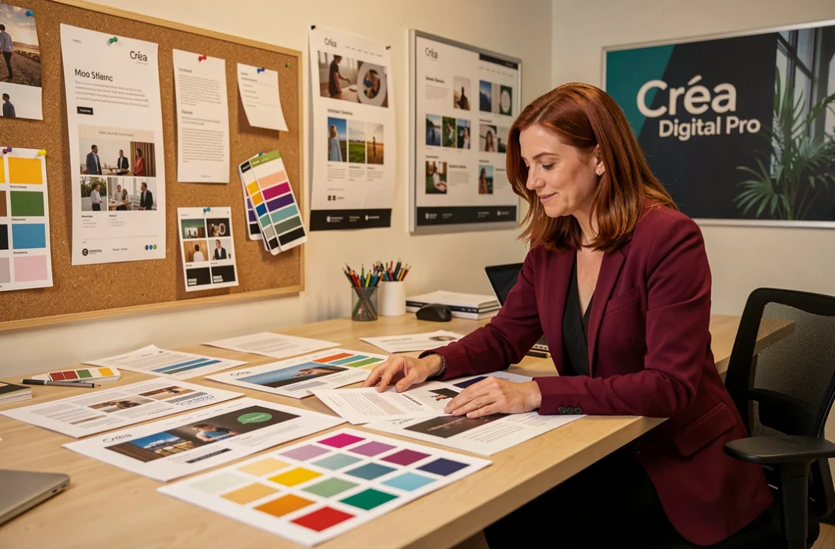 Directrice créative de Créa Digital Pro examinant des maquettes de sites web et des palettes de couleurs dans un studio de design