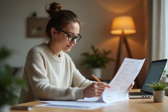 Femme entrepreneur en train de remplir des documents pour créer sa micro-entreprise avec l'ACRE à son bureau à domicile