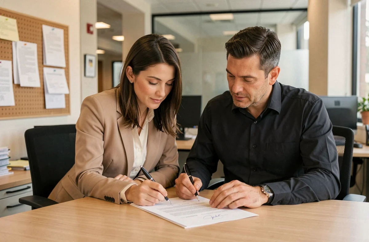 Deux collègues discutant d'une délégation de signature pour ordre dans un open space professionnel