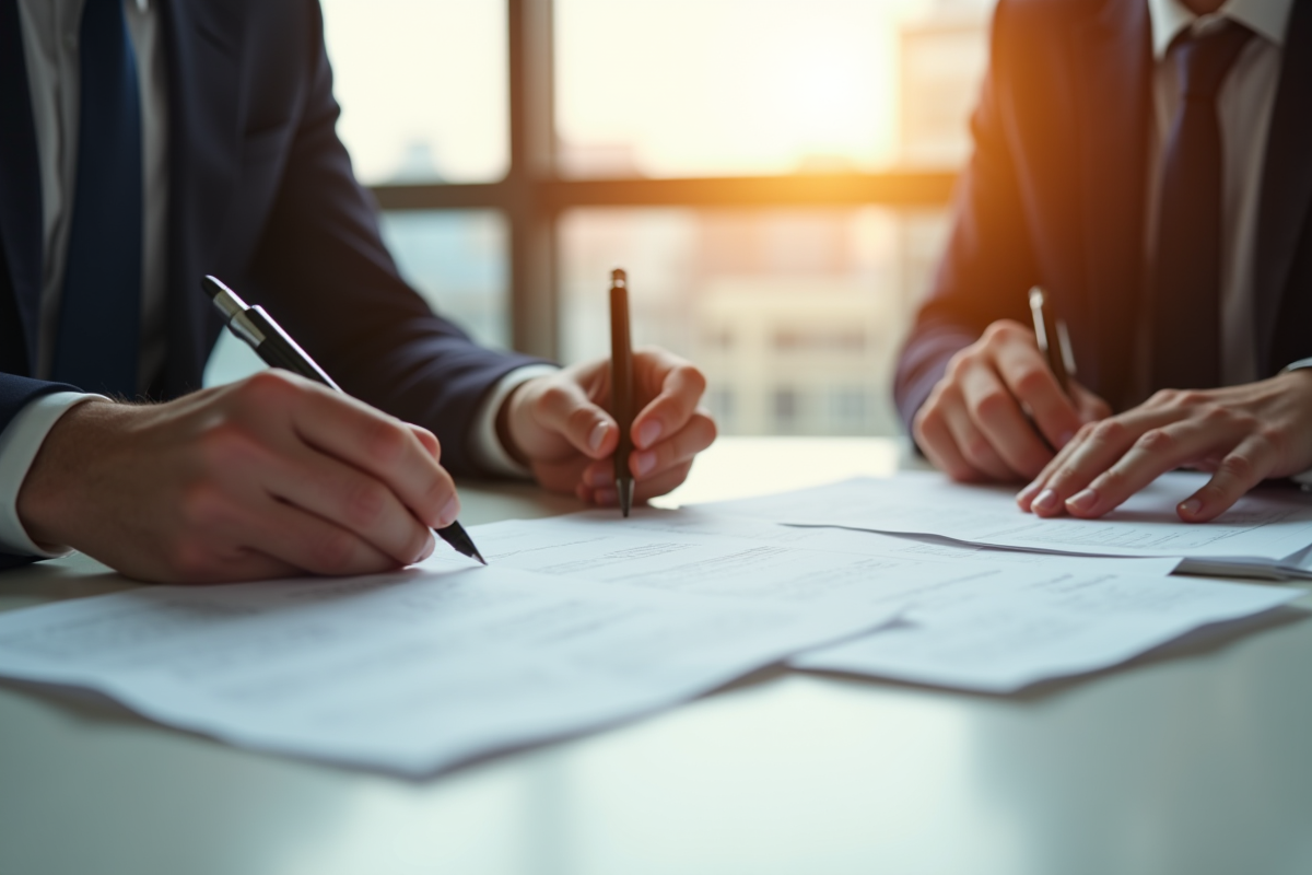 Deux professionnels signant des documents officiels dans un bureau lumineux