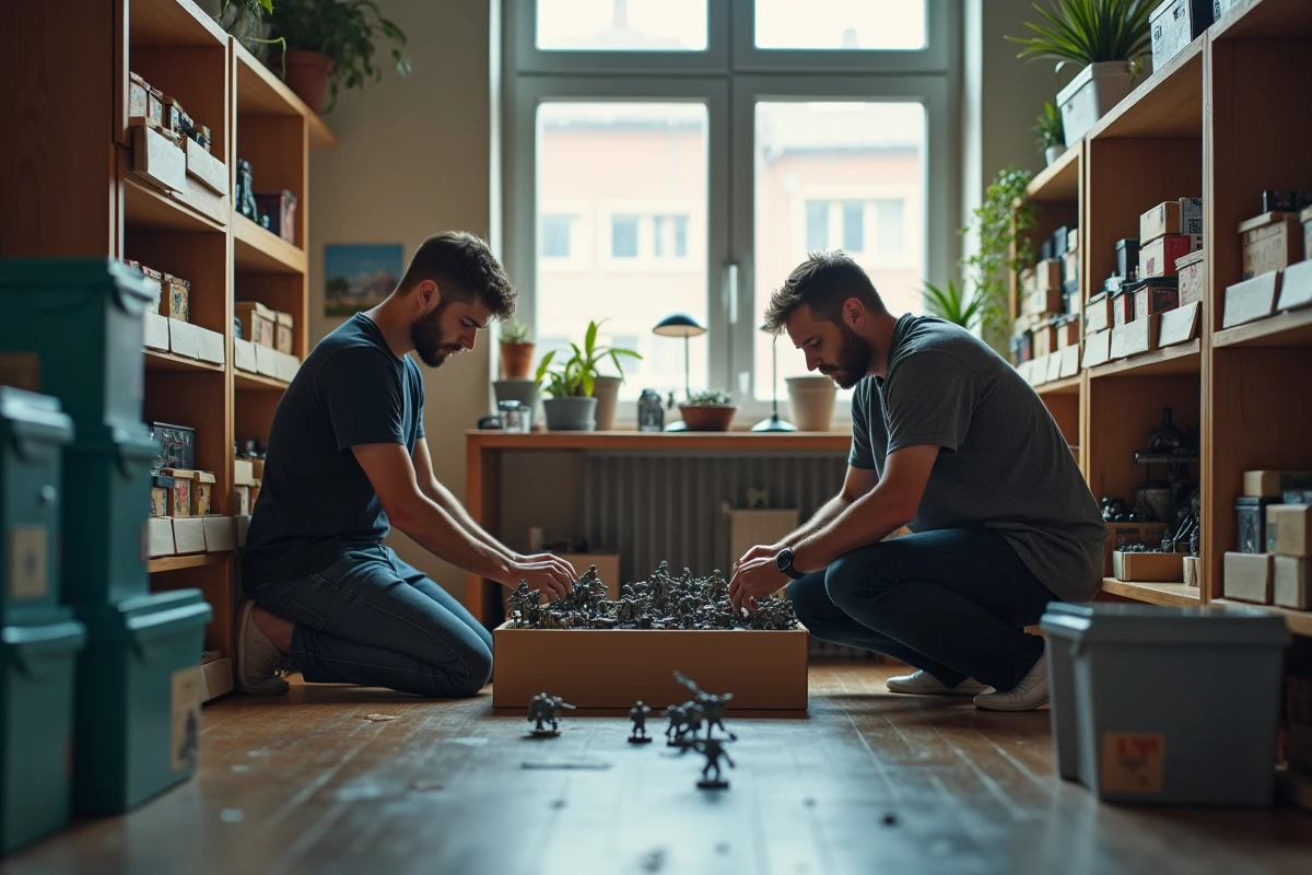 Deux hommes organisant des figurines dans un atelier de hobby