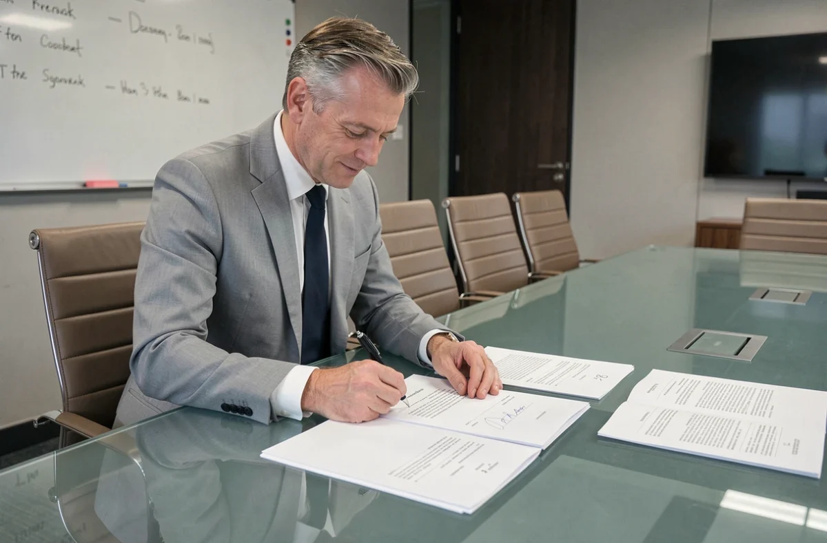 Directeur signant par ordre un courrier officiel en salle de réunion d'entreprise