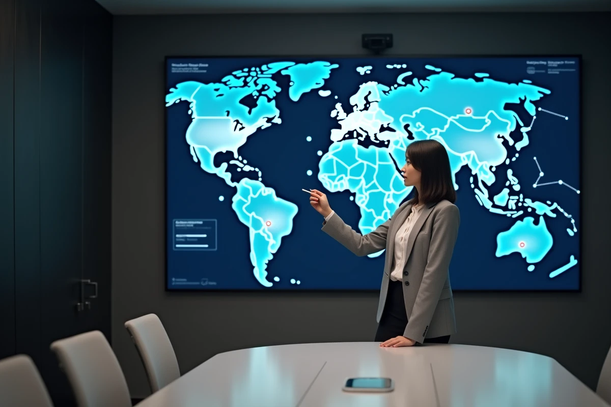 Directrice de l'agence Maxus présentant une stratégie de croissance multi-pays devant une carte du monde numérique