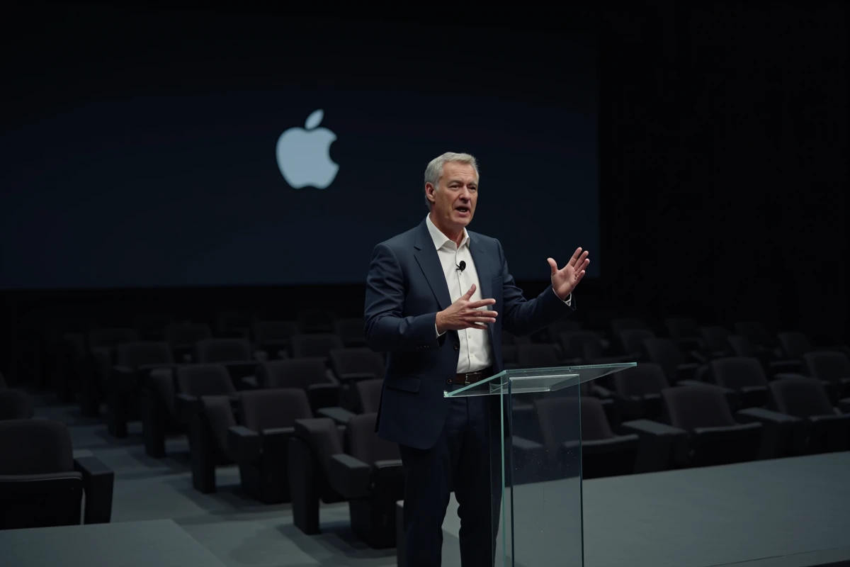 Dirigeant Apple prenant la parole lors d'une keynote sur scène, illustrant la communication stratégique du PDG