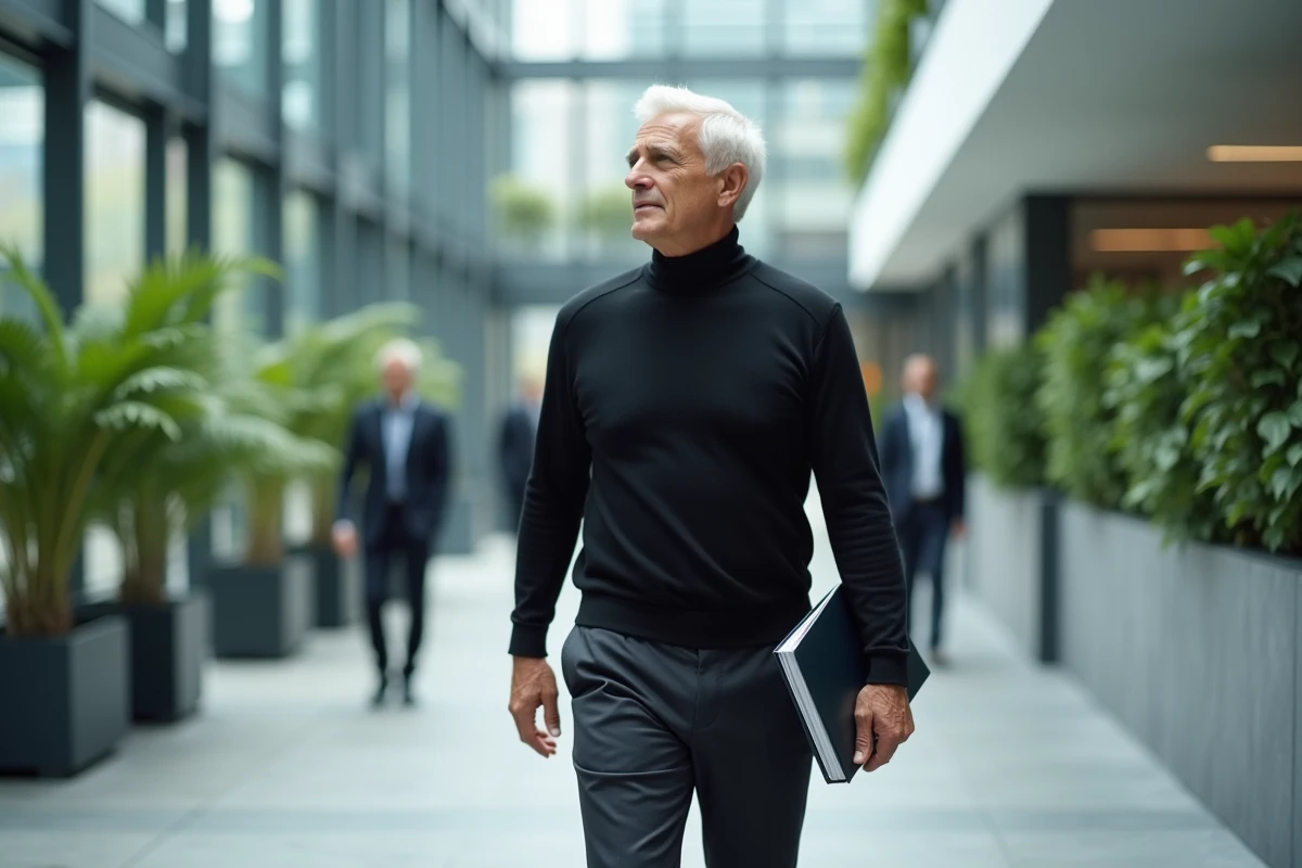 Dirigeant tech marchant dans les couloirs d'un campus Apple, symbolisant la vision stratégique et le leadership