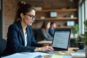 Dirigeante de PME utilisant l'IA Le Chat de Mistral sur son ordinateur portable dans un bureau moderne