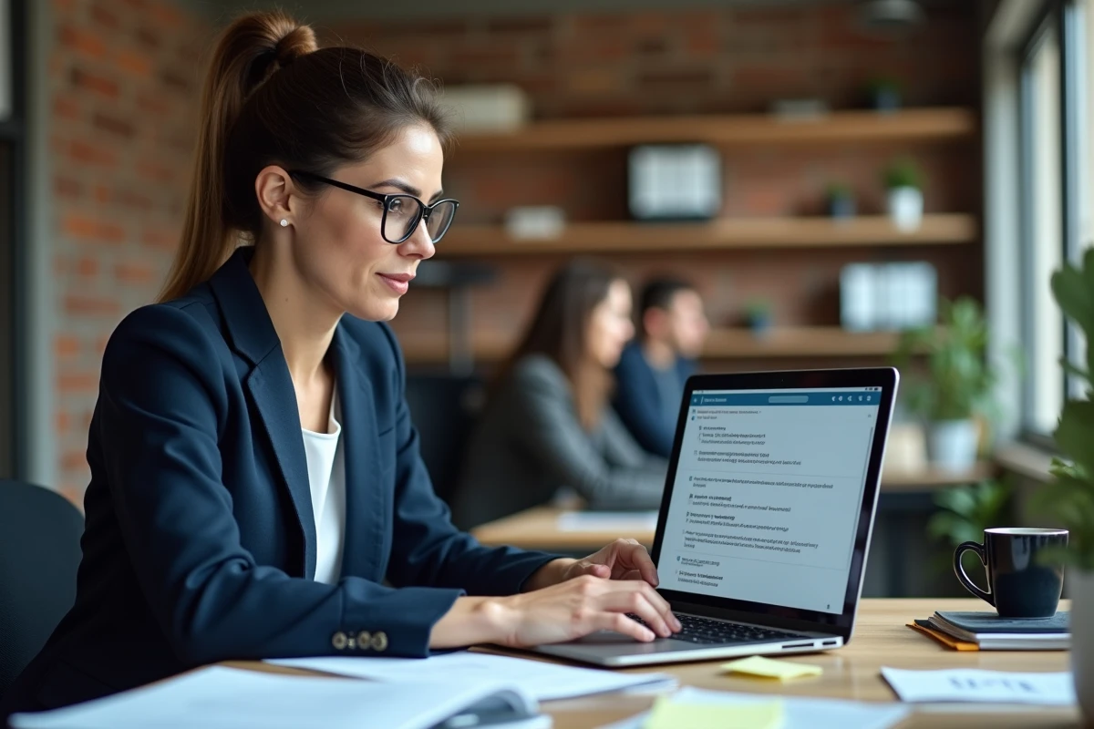Dirigeante de PME utilisant l'IA Le Chat de Mistral sur son ordinateur portable dans un bureau moderne