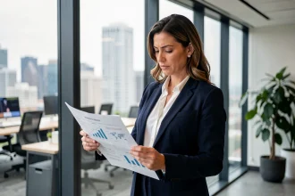 Femme d'affaires dirigeante de PME analysant une stratégie de croissance avec une agence marketing dans un bureau moderne