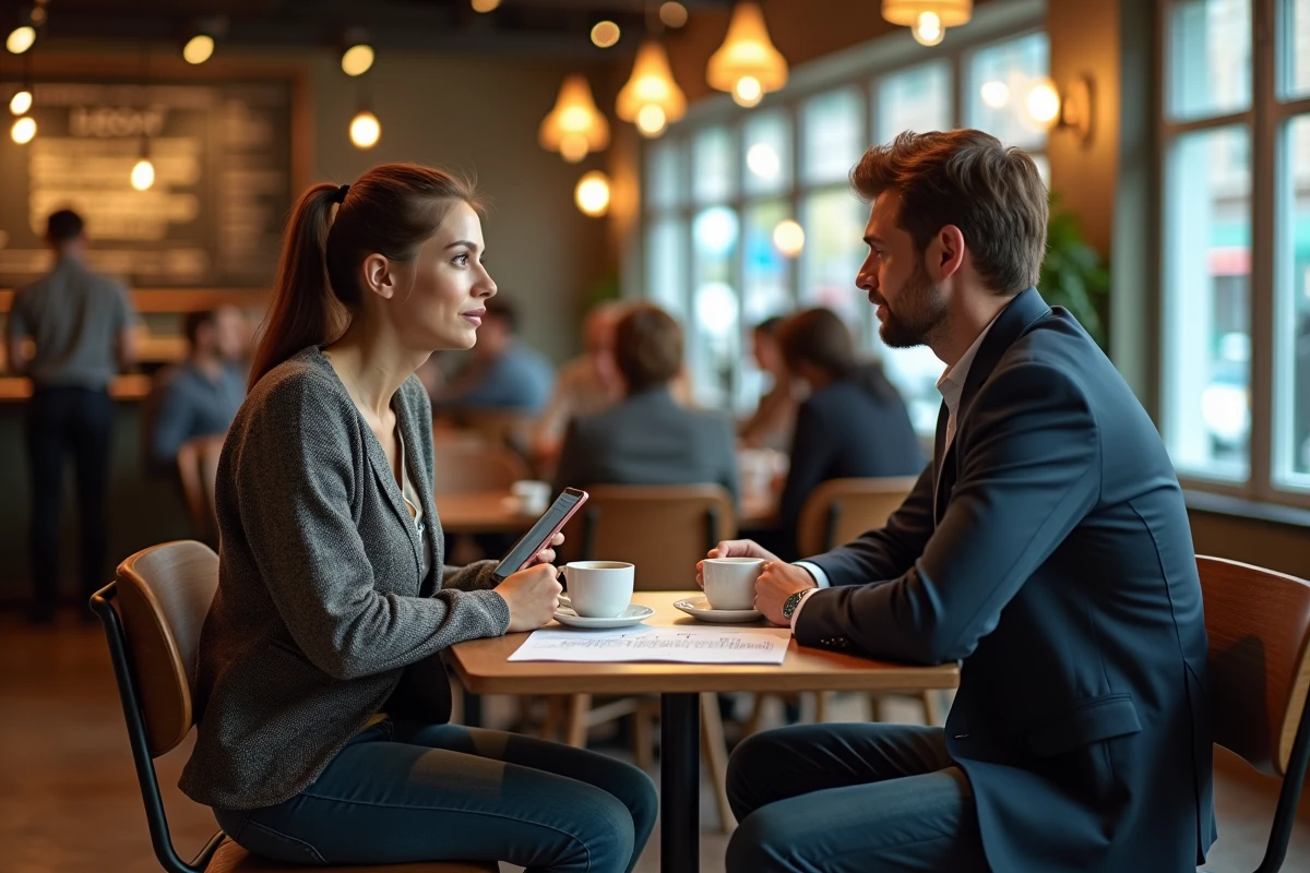 Deux associés discutant de la création d'une micro-entreprise et des avantages de l'ACRE autour d'un café en ville