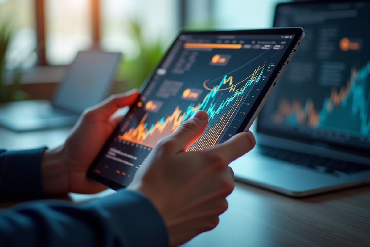 Mains tenant une tablette numérique avec graphique crypto lumineux