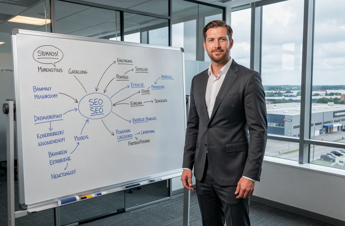 Consultant d'Empire Business debout devant un tableau de stratégie SEO dans un bureau corporate avec vue sur un parc d'affaires