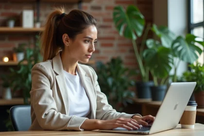Femme cherchant un emploi en ONG écologique sur son ordinateur portable dans un espace de coworking verdoyant