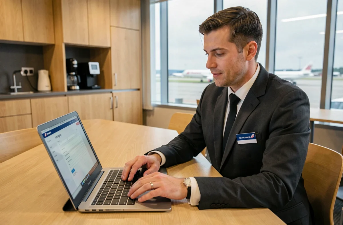 Employé Air France au sol consultant le portail Intraligne sur un ordinateur portable dans la salle de pause du personnel