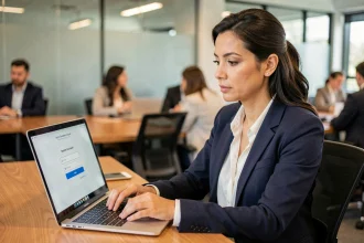 Employée de CSE connectée à son espace sécurisé Advango sur un ordinateur portable au bureau