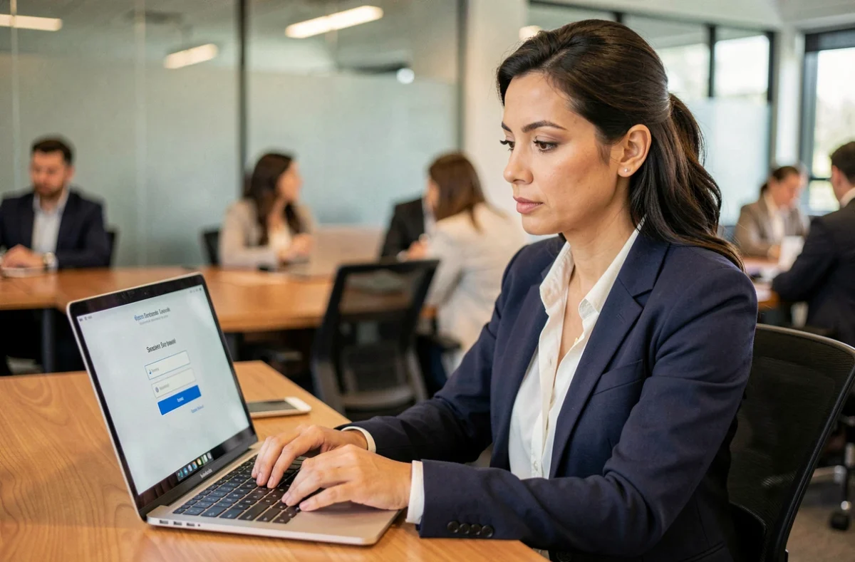 Employée de CSE connectée à son espace sécurisé Advango sur un ordinateur portable au bureau