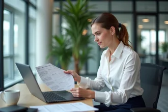 Employée du secteur privé consultant un calendrier de jours travaillés annuels dans un bureau moderne