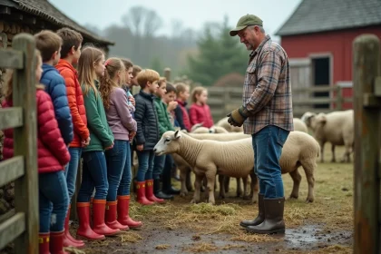 Groupe d'enfants en visite pédagogique à la ferme observant un agriculteur nourrir des moutons