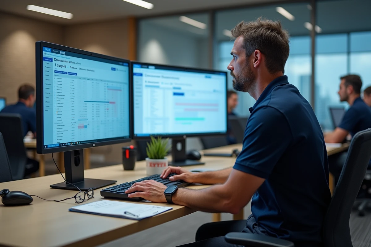 Entraîneur sportif masculin analysant les données de suivi des chocs sur la plateforme Brigyt au bureau