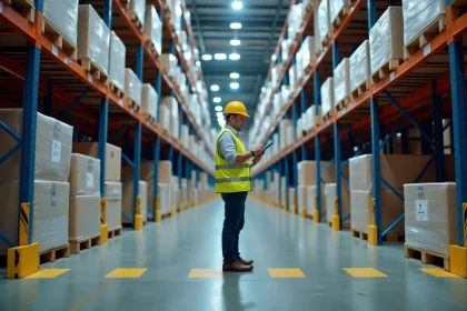 Intérieur d'un entrepôt de distribution centrale avec des rayonnages métalliques chargés de palettes et un coordinateur logistique consultant une tablette numérique