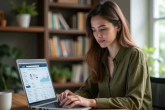 Femme entrepreneur analysant les avis clients sur son site e-commerce depuis son bureau à domicile