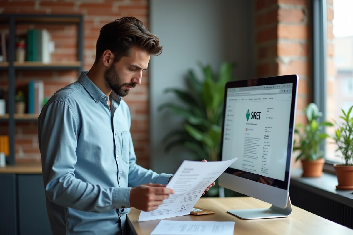 Jeune entrepreneur contrôlant un numéro SIRET sur ordinateur pour détecter une entreprise douteuse