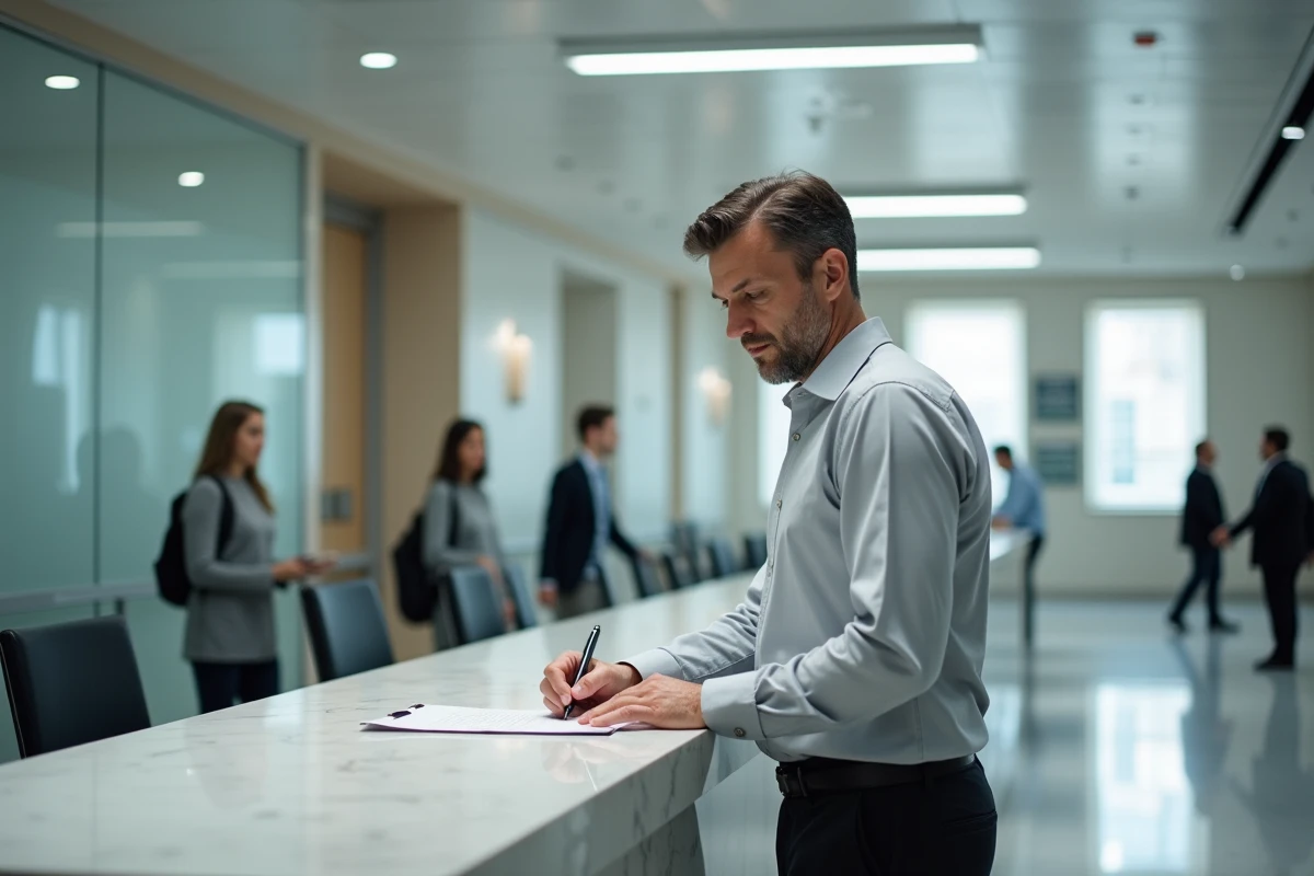 Entrepreneur remplissant un formulaire de dépôt de brevet dans le hall d'accueil d'un organisme public de propriété intellectuelle