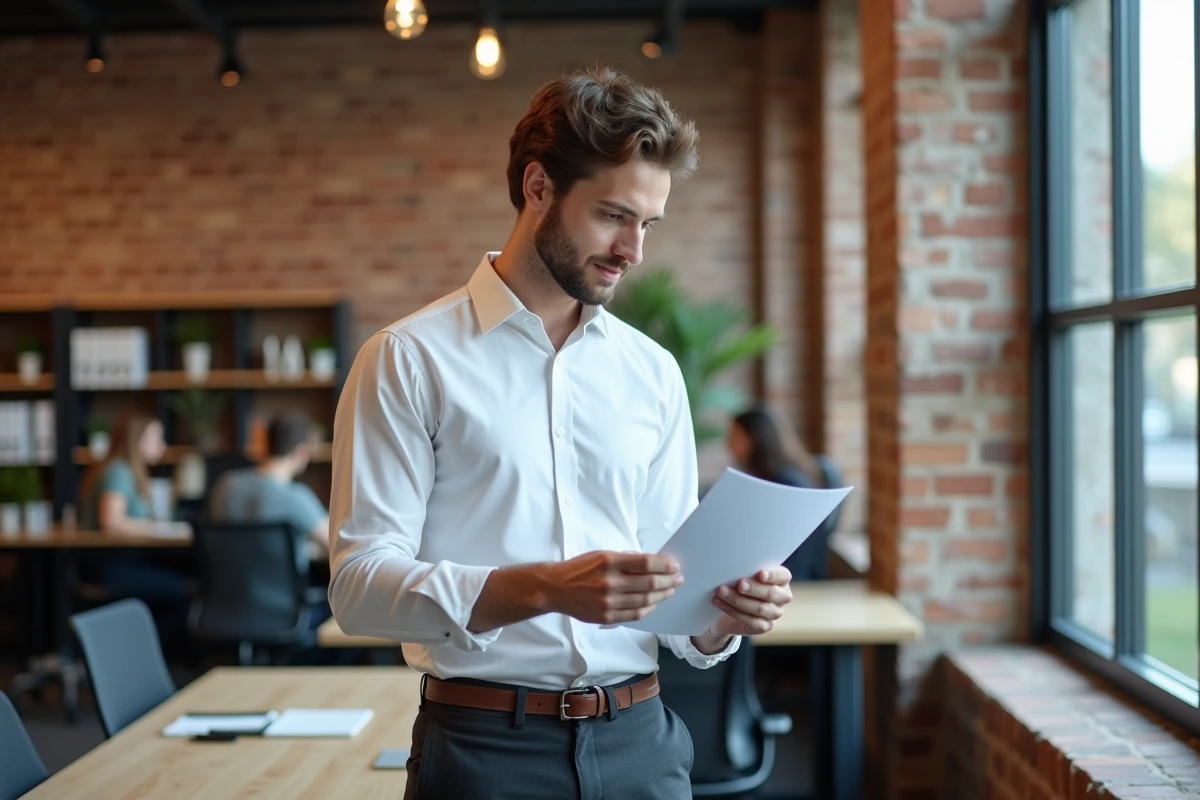 Jeune entrepreneur masculin consultant un formulaire ACRE dans un espace de coworking moderne pour le lancement de sa micro-entreprise