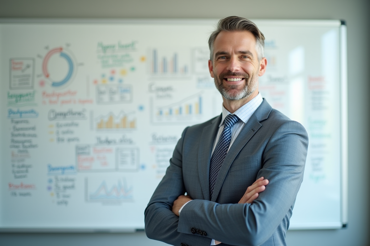 Un entrepreneur devant un tableau blanc avec graphiques et diagrammes