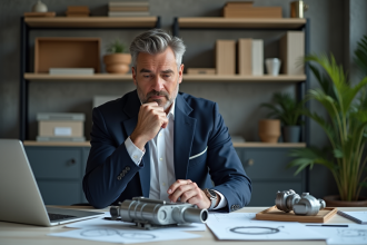 Homme d'affaires en costume examinant un produit mécanique