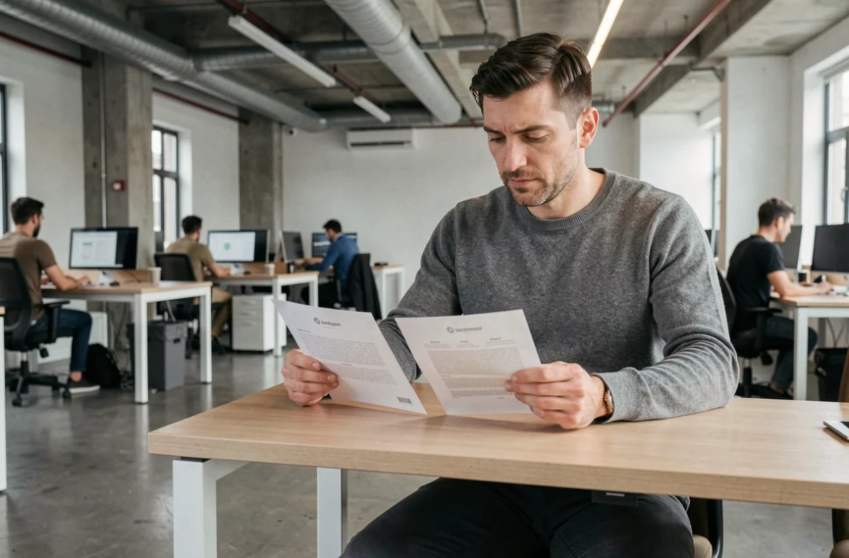 Entrepreneur de PME comparant des propositions d'agences stratégiques pour évaluer les risques et opportunités de croissance